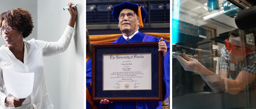 Triptych of graduate assistant teaching, UF diploma, and graduate student in engineering lab